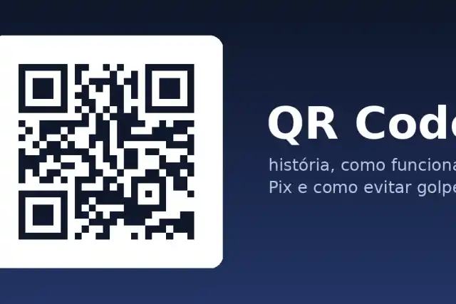 QR Code sobre fundo azul-escuro, com o texto QR Code, história, como funciona, Pix e como evitar golpes